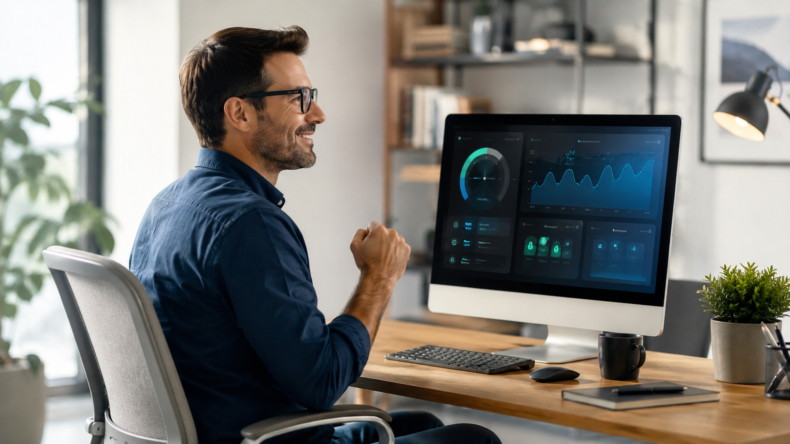 Happy customer and technician reviewing a PC performance dashboard